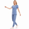 thumbnail image 3 of Xfvqtps Scrub Set for Women Solid Color V-Neck Stretch Scrub Top Elastic Waist Jogger Scrub Pants with Pocket Short Sleeve Working Nursing Uniforms Set Light Blue, 3 of 10
