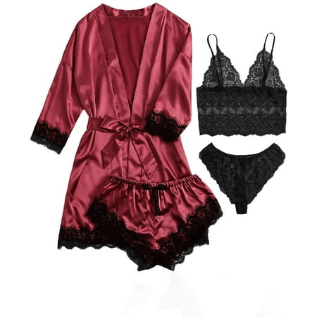 

OSLEI Women Silk Satin Pajamas Set 4pcs Lingerie Floral Lace Cami Sleepwear with Robe