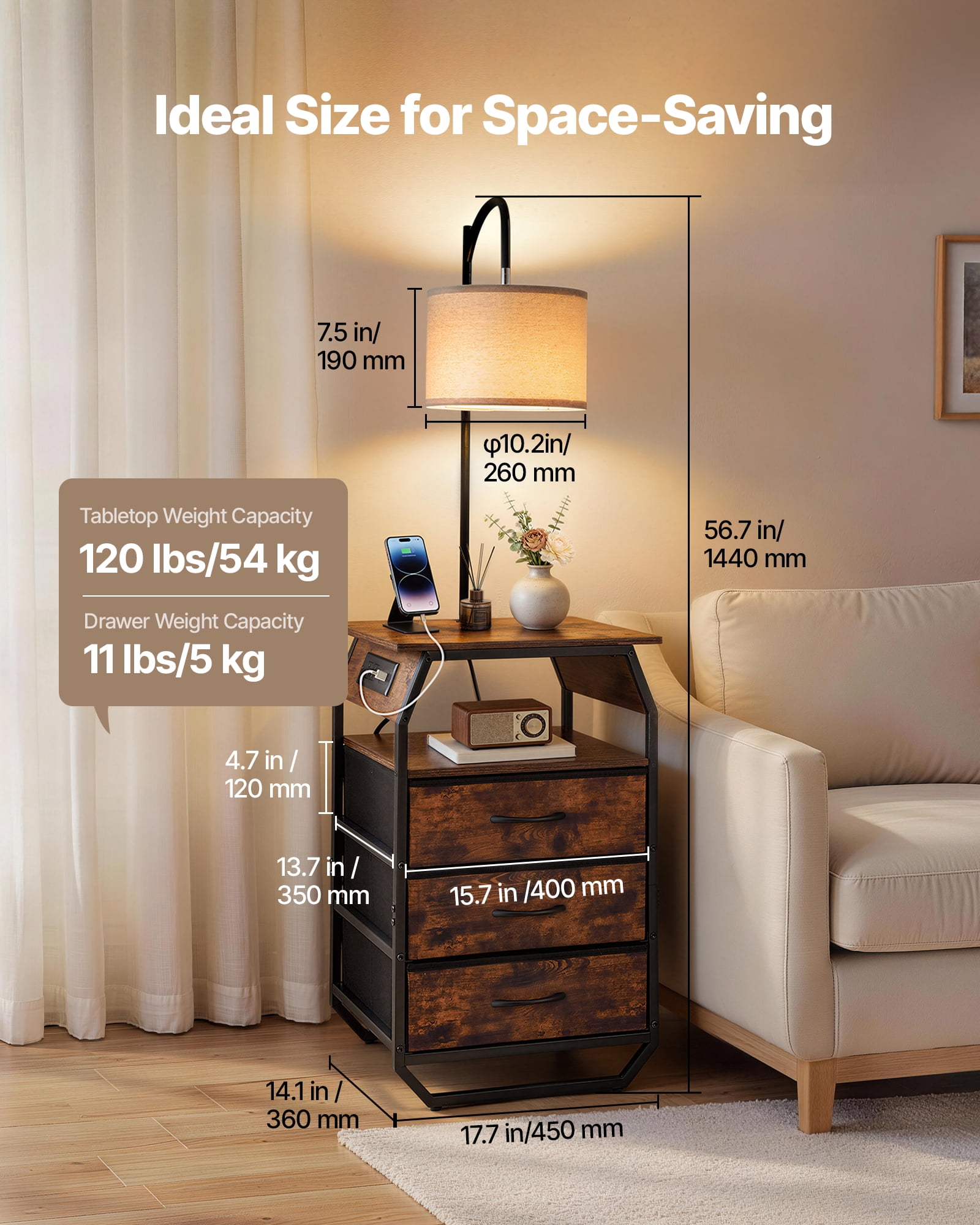 KFFKFF Floor Lamp with Table, End Table Featuring Charging Station, 3 Drawers and Adjustable Lighting, Perfect for Living Room, Bedroom, or Dorm