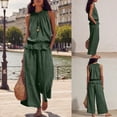 thumbnail image 2 of Womens Summer Cotton Linen 2 Piece Outfits Sleeveless Ruffle Top Wide Leg Pants Beach Vacation Lounge Sets, 2 of 7