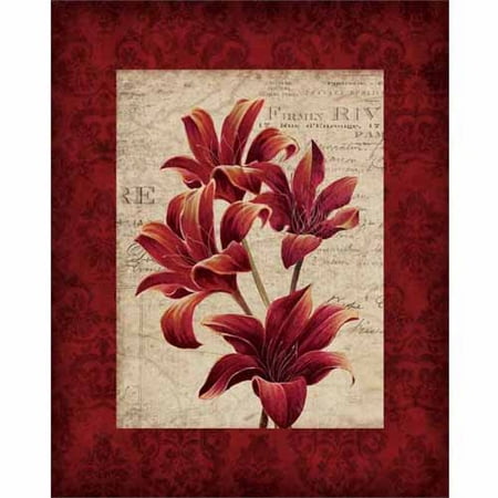 Lilies Oil Painting - Three Realistic Lilies Damask Mat Vintage Newsprint Floral Painting Red & Tan Canvas Art by Pied Piper Creative