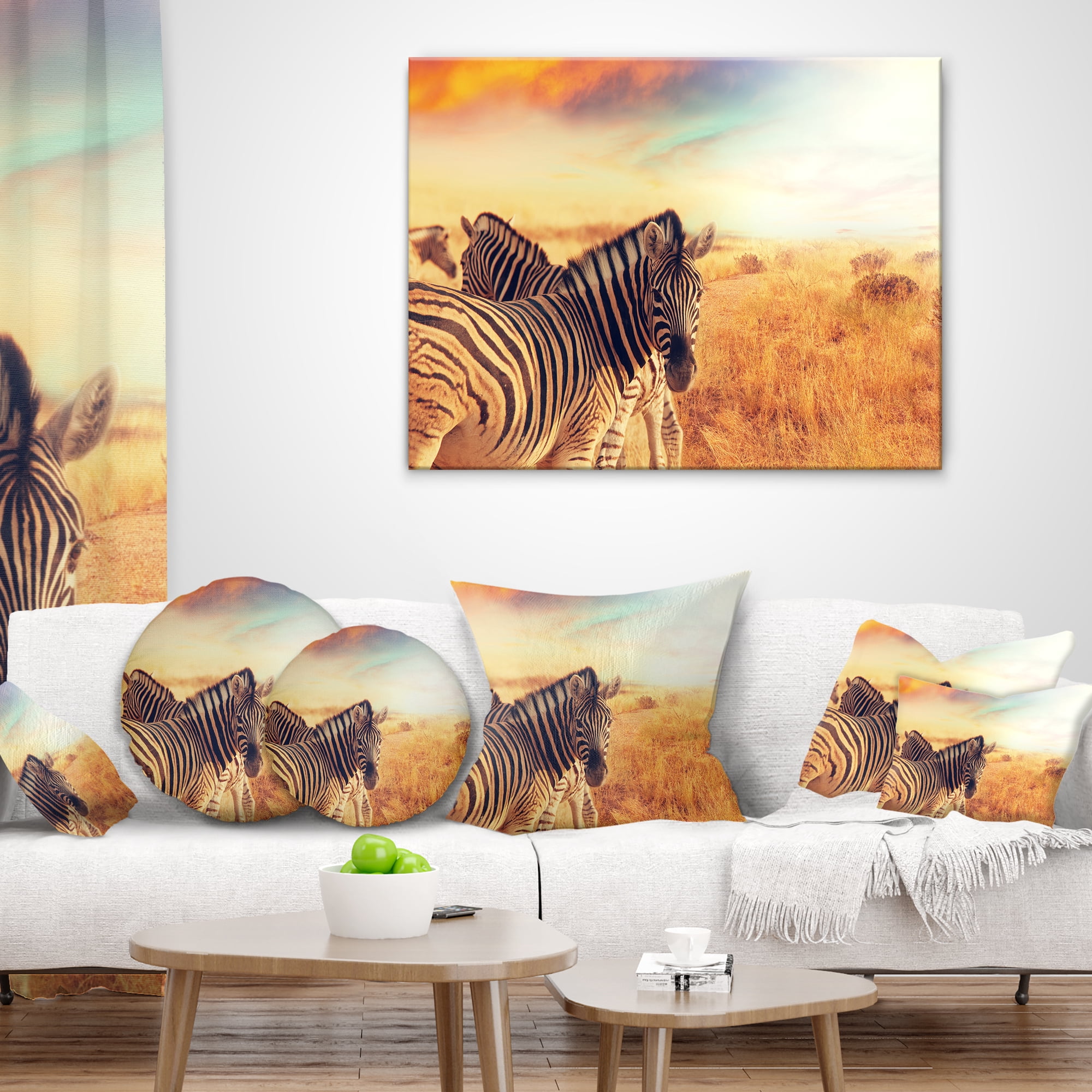 Designart Zebras Herd in Field At Sunset - African Throw Pillow - 12x20