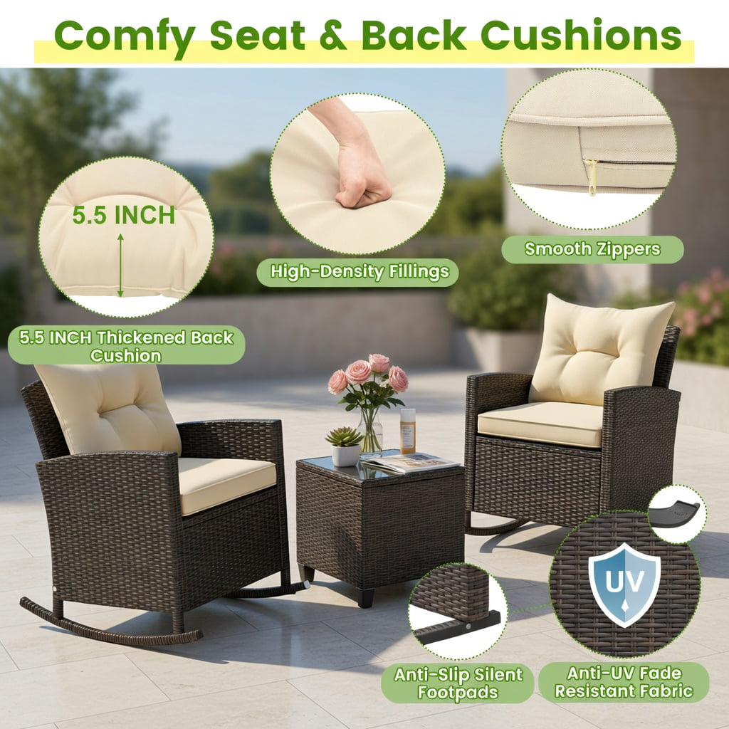 Hommoo 3-Piece Outdoor Rattan Rocking Chair Set with Tempered Glass Coffee Table & Removable Cushions, Weather-Resistant PE Wicker Patio Furniture for Backyard, Poolside & Porch, Brown