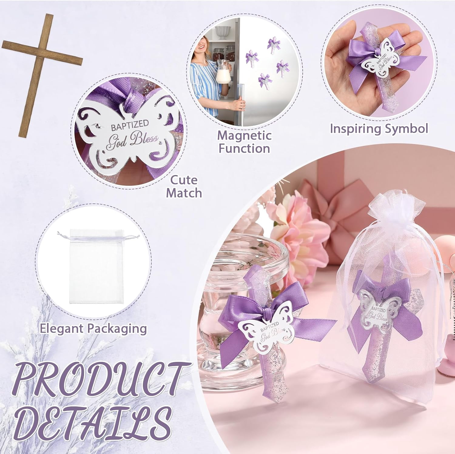 12 Pcs Baptism Favors for Guests Epoxy Cross Fridge Magnets First Communion Cross with Flower Christian Souvenirs Gift for Baptism Christening Baby Shower Party Family Gathering (Purple)