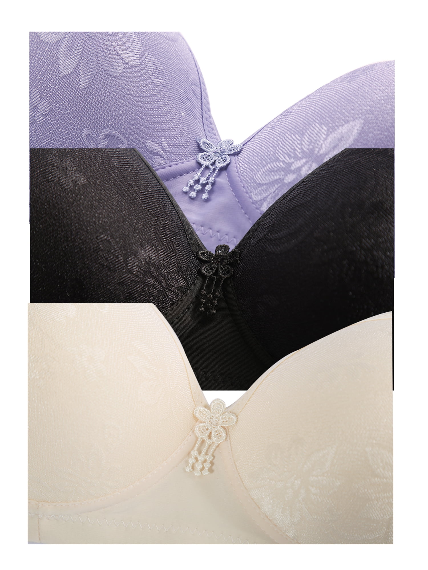 INSPIRE CHICWomen Comfortable Soft Stretchy Basic Full Coverage Wirefree Non-Wired Everyday Bra 3 Pcs Black+Light Purple+Cream-Flower 40/90 Fit 36A 36B