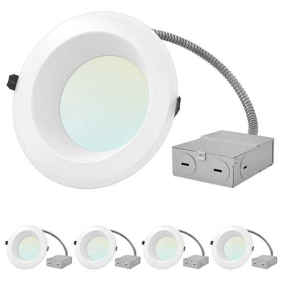 Luxrite 6 inch Commercial LED Recessed Light with J-Box, 15/19/24W, 4 Color Selectable, 1200/1600/2000 Lumens, Dimmable, Wet Rated 4-Pack