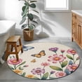 thumbnail image 3 of Round Rug 4Ft Washable Non-Slip, Pink Flowers Circle Area Rugs for Living Room Bedroom, Spring Floral Butterfly Leaves Plants Retro Beige Indoor Floor Mats Carpet Runner for Home Decor Aesthetic, 3 of 8