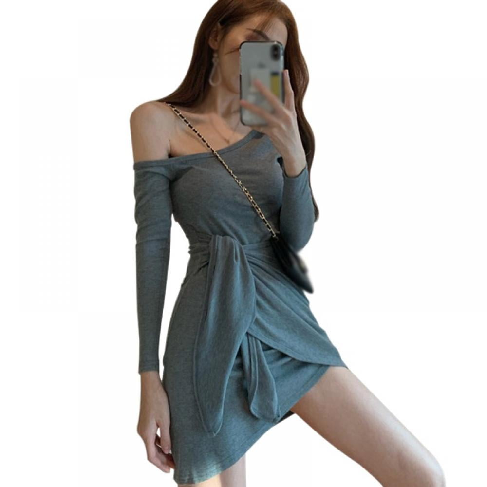 New Stylish Women Long Sleeves Sloping Shoulder Solid Casual Long Dress Party