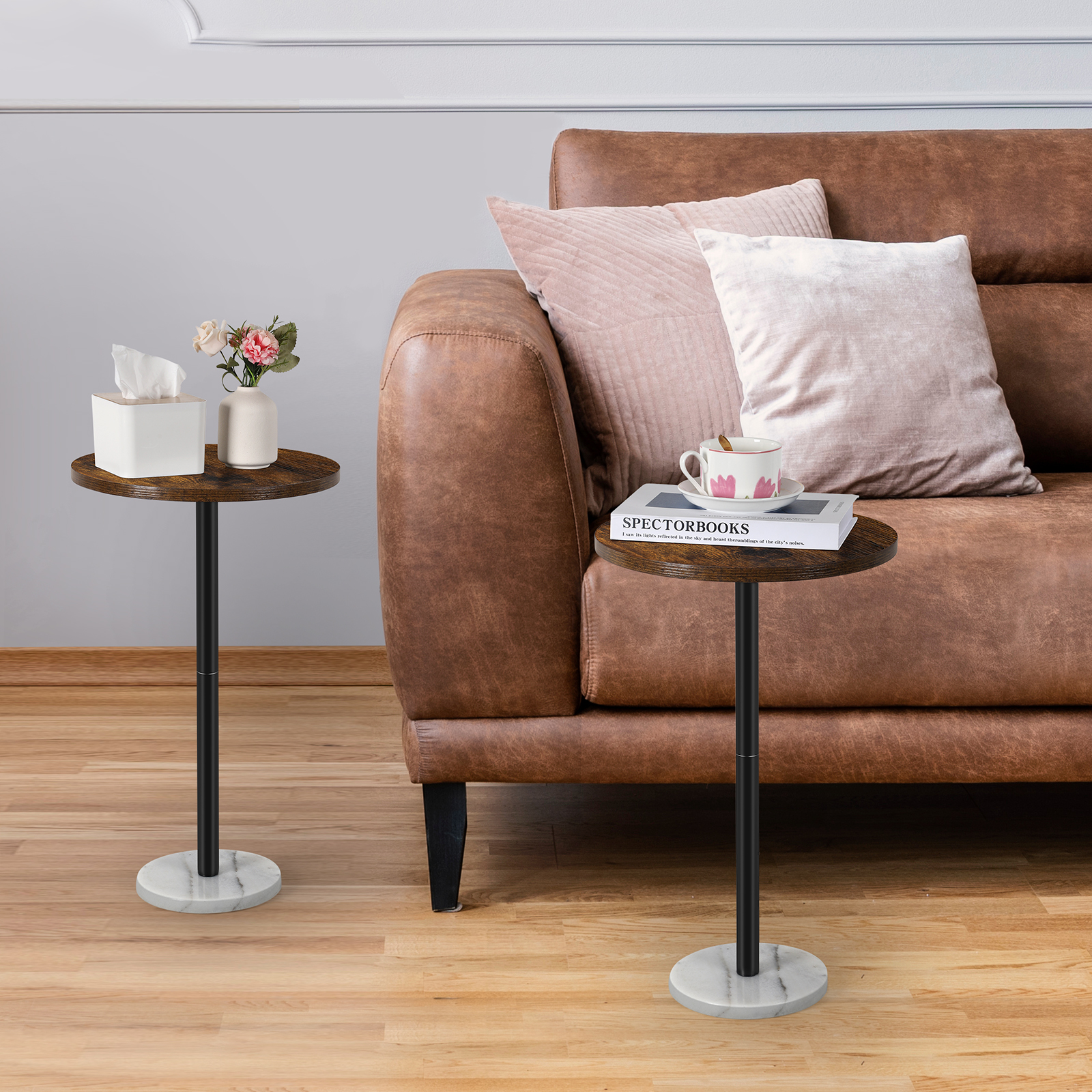 Round Bar Nightstand Coffee Table Office Bedroom Two Piece Set Brown Marble Base