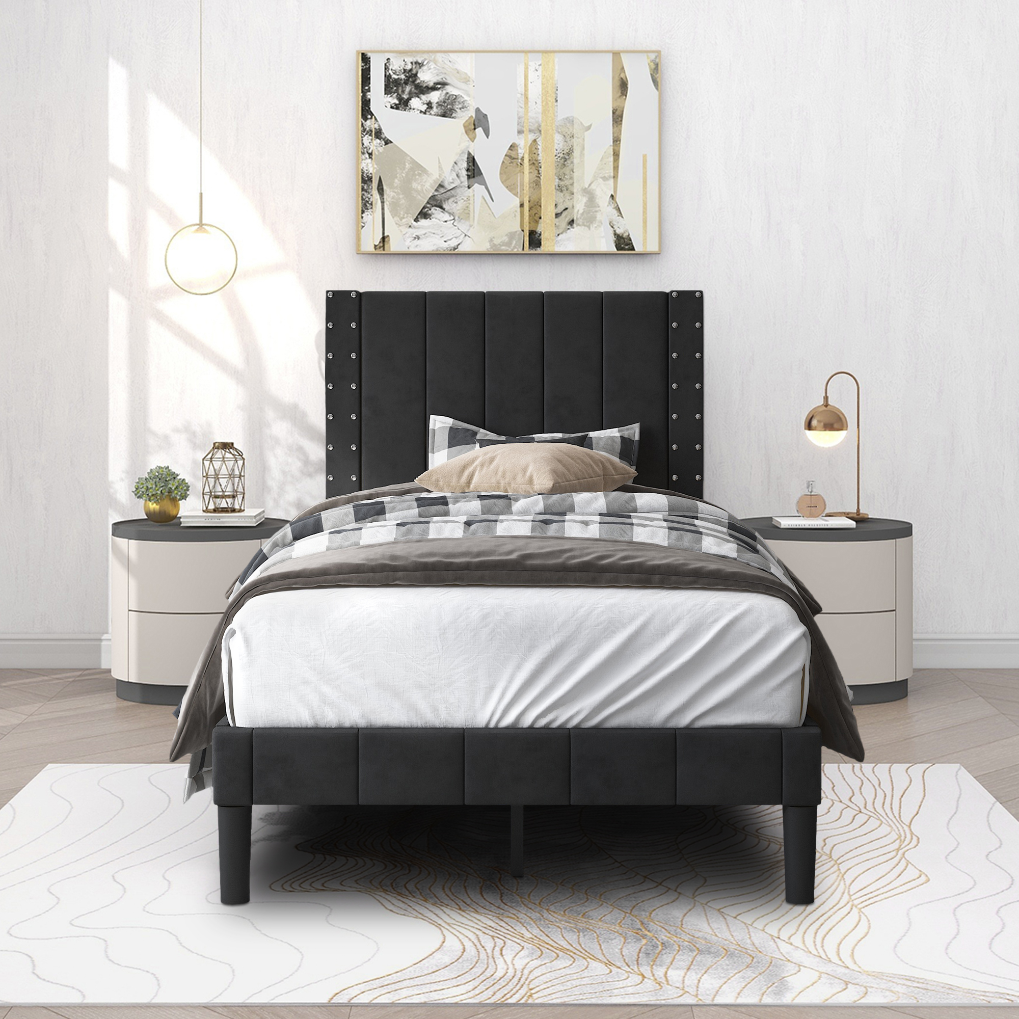 Black Twin Bed Frame for Kids Adults, Modern Fabric Upholstered