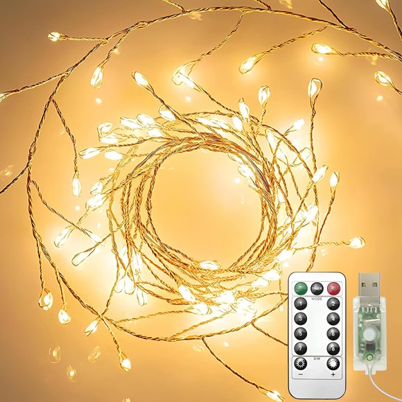 TRAHOO-USB Fairy Lights with Remote Control, 200 LED Twinkle Firecracker Cluster Lights, 8 Modes, Waterproof Copper Wire String Lights for Bedroom, Wedding, DIY Wreath (Warm White, 20ft/6M-2Pack)