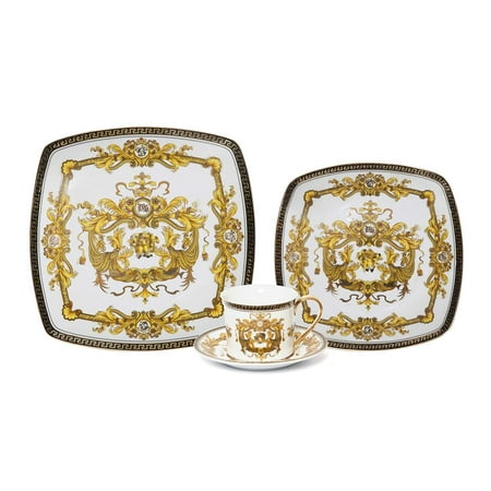 - Royalty Porcelain Fancy Square Greek Key 4-pc Place Setting 'Medusa White', Premium Bone China
