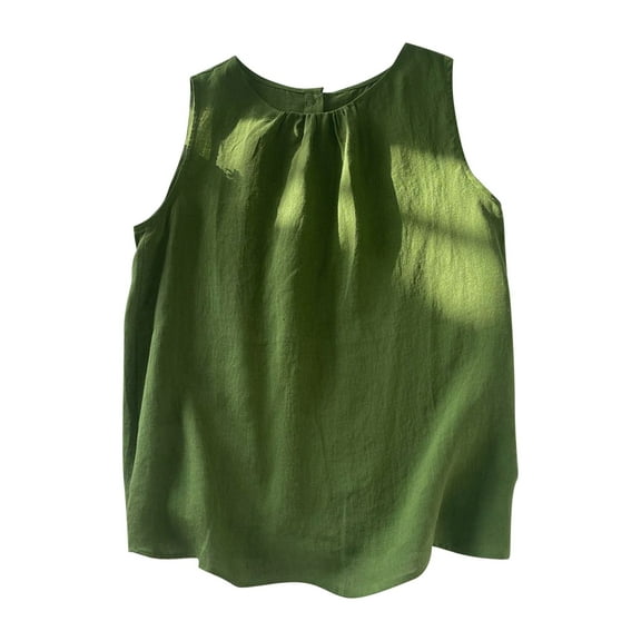Brglopf Women's Cotton Linen Tank Tops Summer Casual Sleeveless Pleated Round Neck Boho Blouse Loose Fit Tees Shirts(Green,M)