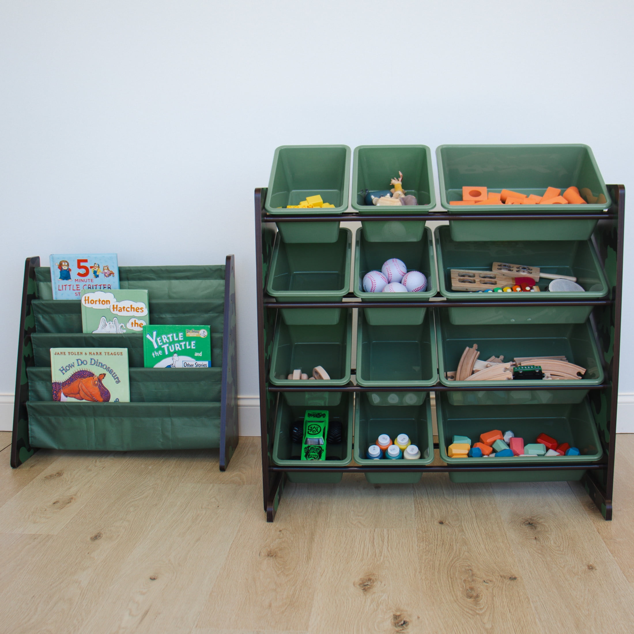 Humble Crew Toy Storage Organizer with 12 Plastic Storage Bins, Army Green Camo