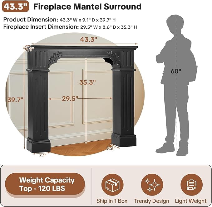 HOMEDIARY Modern Black Freestanding Fireplace Mantel Surround – Waterproof, Anti-Tipping Premium MDF Mantel with Leg for Living Room Décor