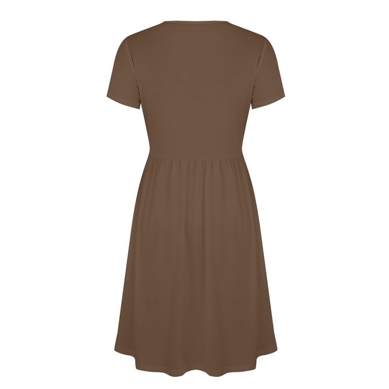brown empire waist dress Ecqkame Summer Dresses for Women V Neck Short Sleeve Empire Waist Tummy Control Casual Long Dress Lightweight Flowy Vacation Dress Brown M, Women's,