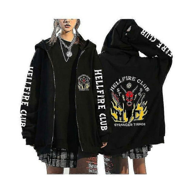 stranger things anime zip-up hoodie long sleeve casual oversized sweatshirt L
