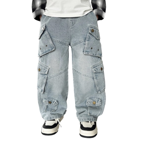 GBSYEWXS Children Boys Jeans Size 5-6 Years Soft Solid Color Stretch Straight-Leg Blue Pants