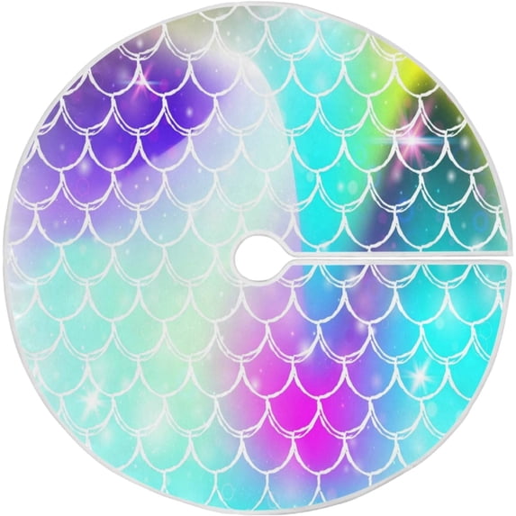 FMSHPON Kawaii Mermaid Rainbow Scales Xmas Christmas Tree Skirt Stand Mat for Holiday Party Decoration Indoor Outdoor 48 inches