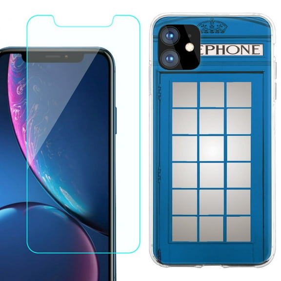 For Apple iPhone 11 Case , Slim-Fit TPU Protective Phone Case with Tempered Glass Screen Protector, by OneToughShield ® - Phone Booth Blue