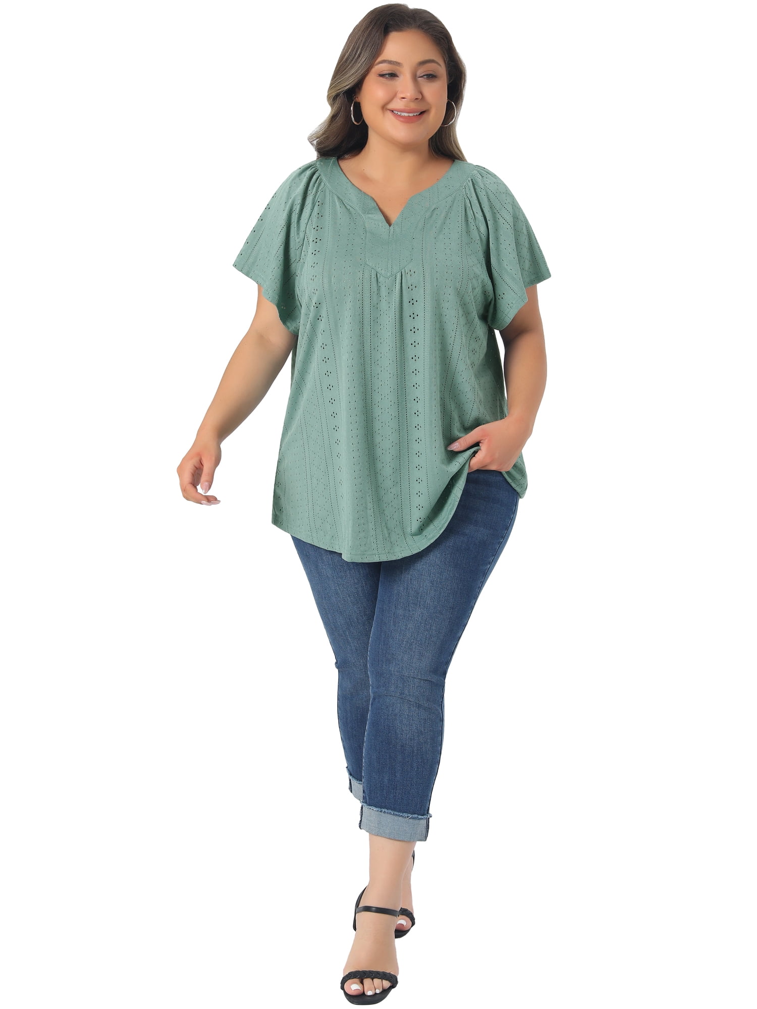 Women's Plus V Neck Short Sleeve Eyelet Embroidery Casual Blouse 2X Green