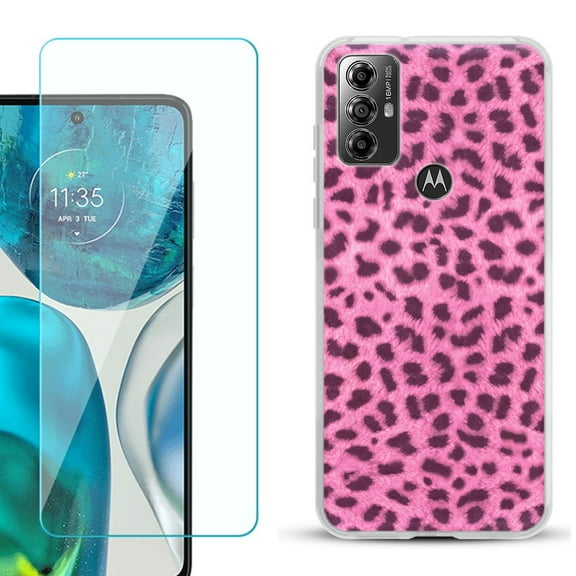 OneToughShield ® for Motorola Moto G Play 2023 Shockproof Fashion Phone Case, with Tempered Glass Screen Protector - Cheetah Pink