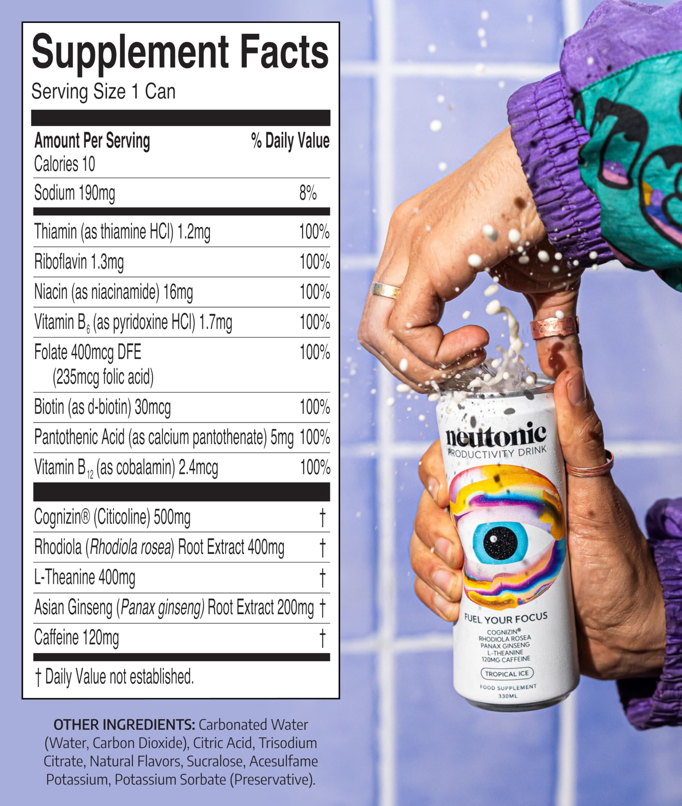 Neutonic Nootropic Productivity Energy Drink | Tropical Ice 12 Cans | 120mg Natural Caffeine, Zero Sugar | Support Memory, Mental Clarity, Cognitive Function | Boost Focus, Energy, Brain Health