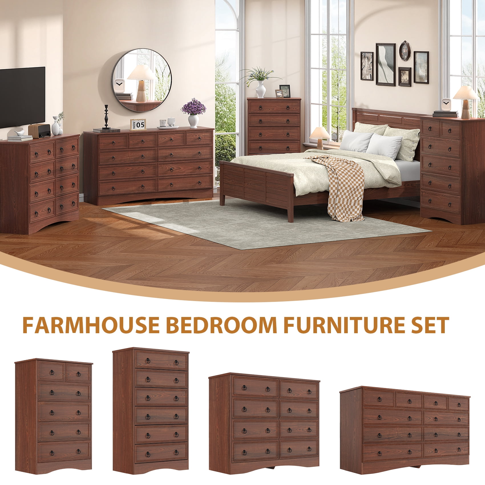 Frmobepts 10 Drawer Dresser for Bedroom, Dresser TV Stand, Chest of Drawers for Storage and Organization, Cherry