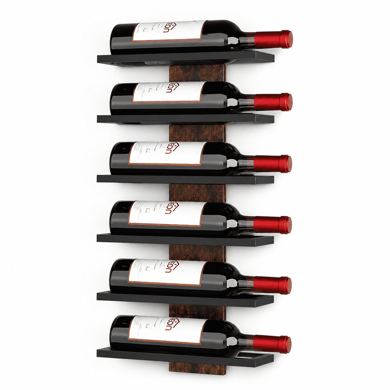 6-Bottle Wall-Mounted Wine Rack 6-Tier Wood and Metal Hanging Bottle Holder for Living Room Dining Room Home Bar and Wine Cellar Rustic Brown