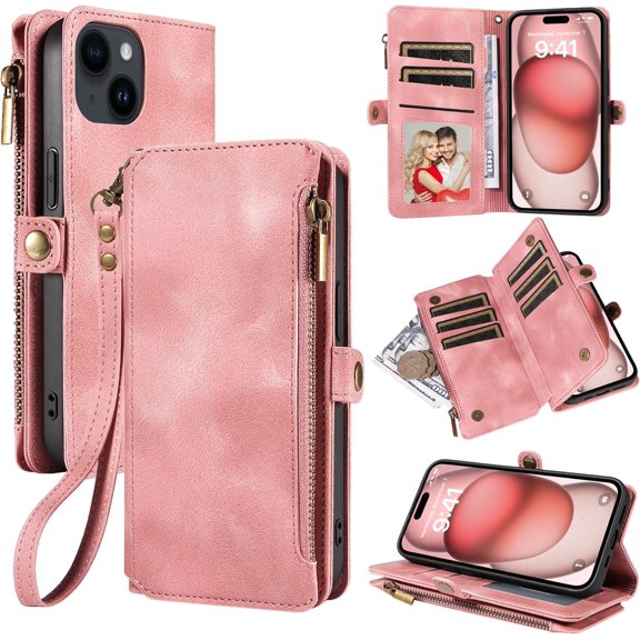 iPhone 15 Wallet Case with Zipper Card Holder and Wrist Strap for Women Men, Durable PU Leather Magnetic Buckle Flip Phone Case, RFID Blocking Purse Cover for iPhone 15, Pink