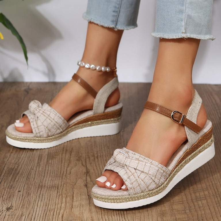 Womens Platform Wedge Dressy Sandals Fashion Plaid Bow Open  display picture 3