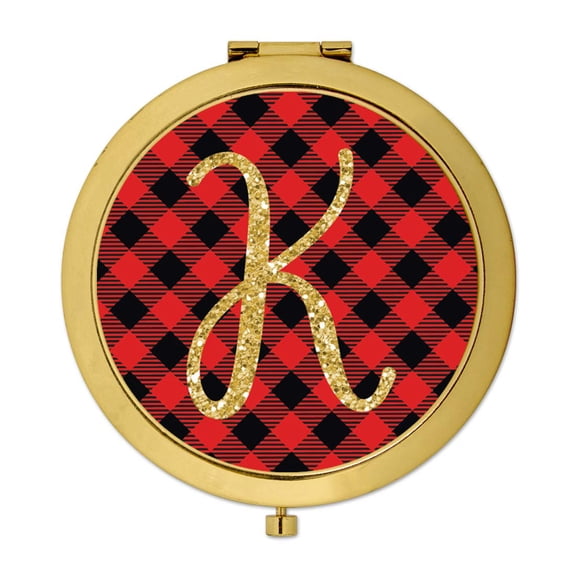 Koyal Wholesale Gold Compact Mirror Bridesmaid's Wedding Gift, Buffalo Red Plaid | Gold Glitter, Monogram Letter K, 1-Pk