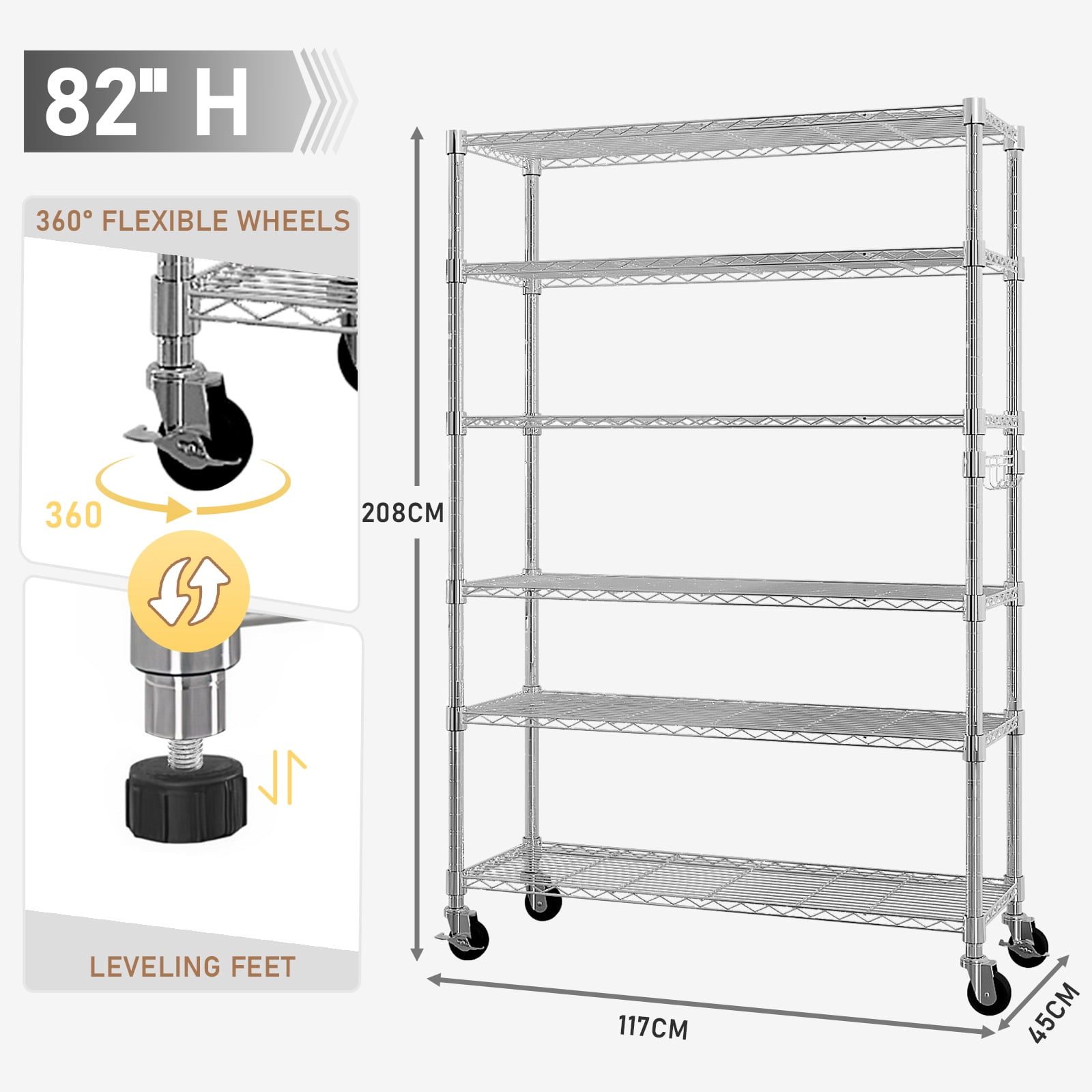 Ktaxon 6 Tier Wire Shelving with Wheels 2400LBS Capacity,  Heavy Duty Storage Rack for Home Garage, 46"W x 18"D x 82"H Adjustable Shelves, Silver