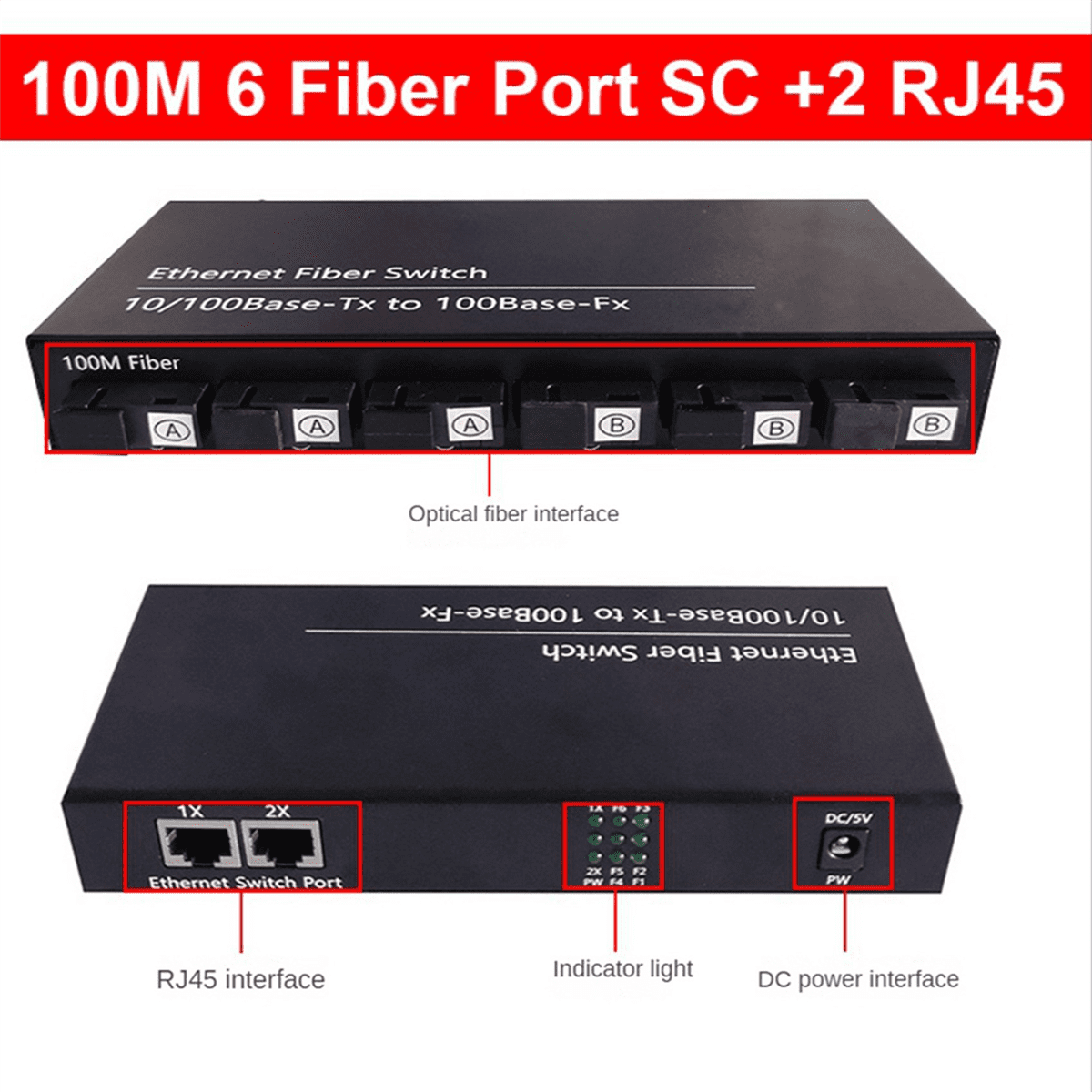 3X 6Port 10/100M Ethernet Switch 6 Fiber Port 25KM 2UTP RJ45 Fiber Optical Transceiver Optical Media Converter US Plug,3 x Ethernet Fiber Switch 3 supply,Black