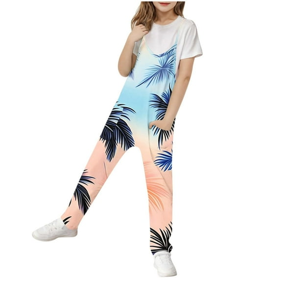 AUNVITO Girls Sleeveless Jumpsuit Adjustable Straps Palm Print Hawaiian Style with Pockets Long Romper