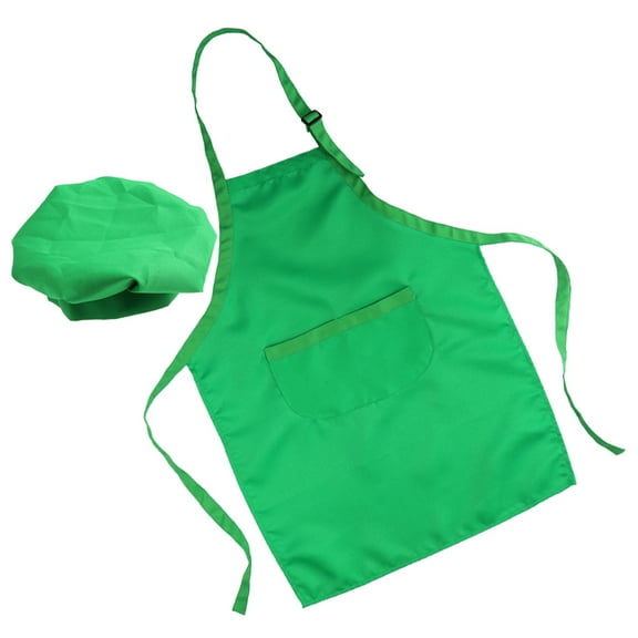 1 Set of 2pcs Hat and Apron Kids Chef Wear Kit Fabric Apron for Baking Handwork Painting (for 3-6 years old, Green)