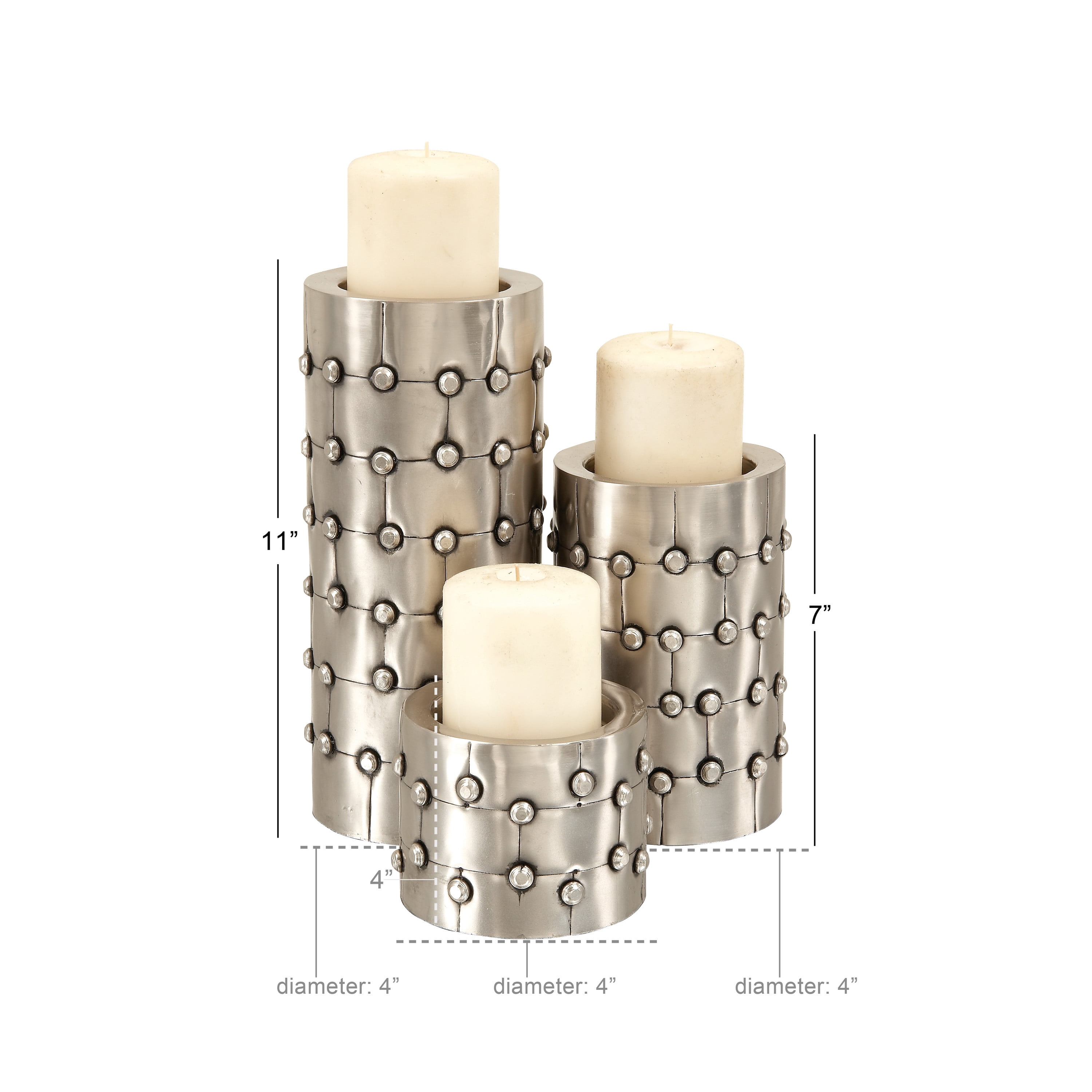 DecMode 3 Candle Silver Metal Handmade Pillar Candle Holder with Studs, Set of 3