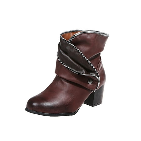 

UKAP Womens Work Anti-slip Round Toe Winter Shoes Women Driving Comfort Block Heel Booties Solid Color Dark Brown 6.5