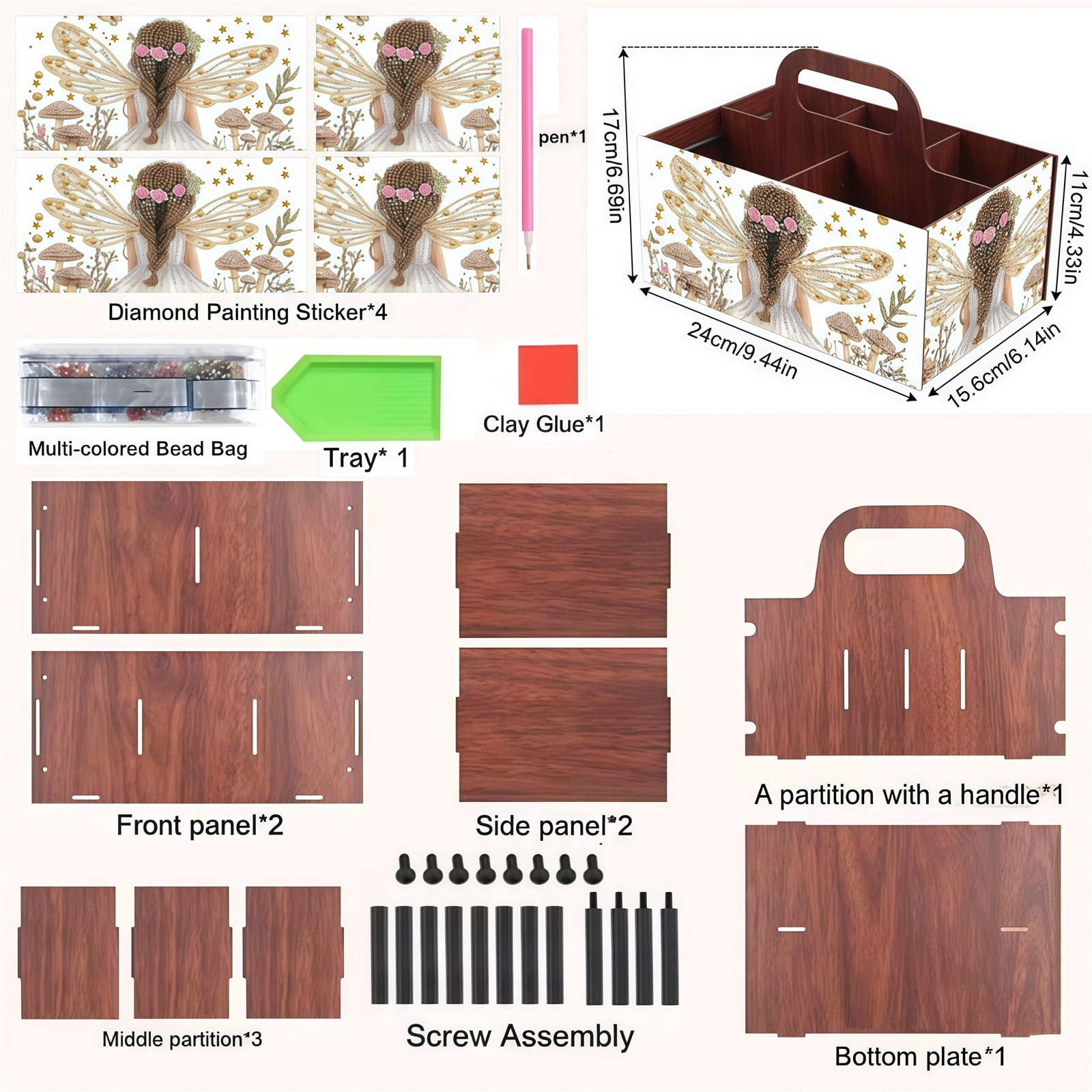 FLOPESN DIY Fairy Diamond Art Painting 5 compartments Wooden Storage Box, 9.44*8.14in, Practical Rectangular Assembly Portable Multi-Grid Box