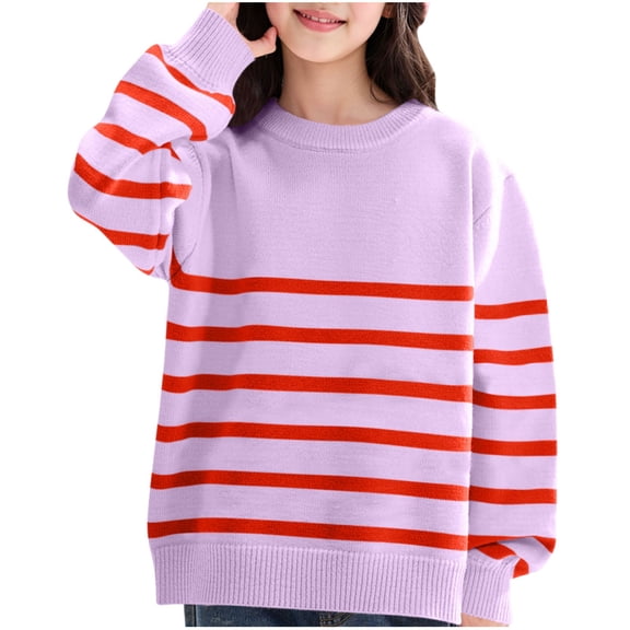 Atogsazn Childrens Girls Knitted Sweater Kids Fleece Casual Long Sleeve Pullover Sweaters Winter Warm Tops Clothes 01-Purple 7-8 Years Fashion