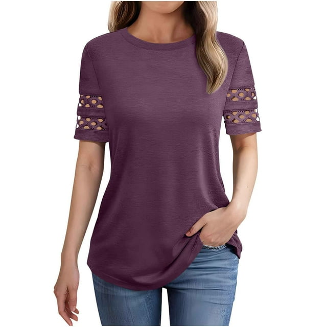 LOVZFMLL Hauts pour Femmes Été 2025 Chic Décontracté T-Shirts Col Rond Ajouré Manches Courtes Tenues de Travail Printemps Blouses Tendance Violet G