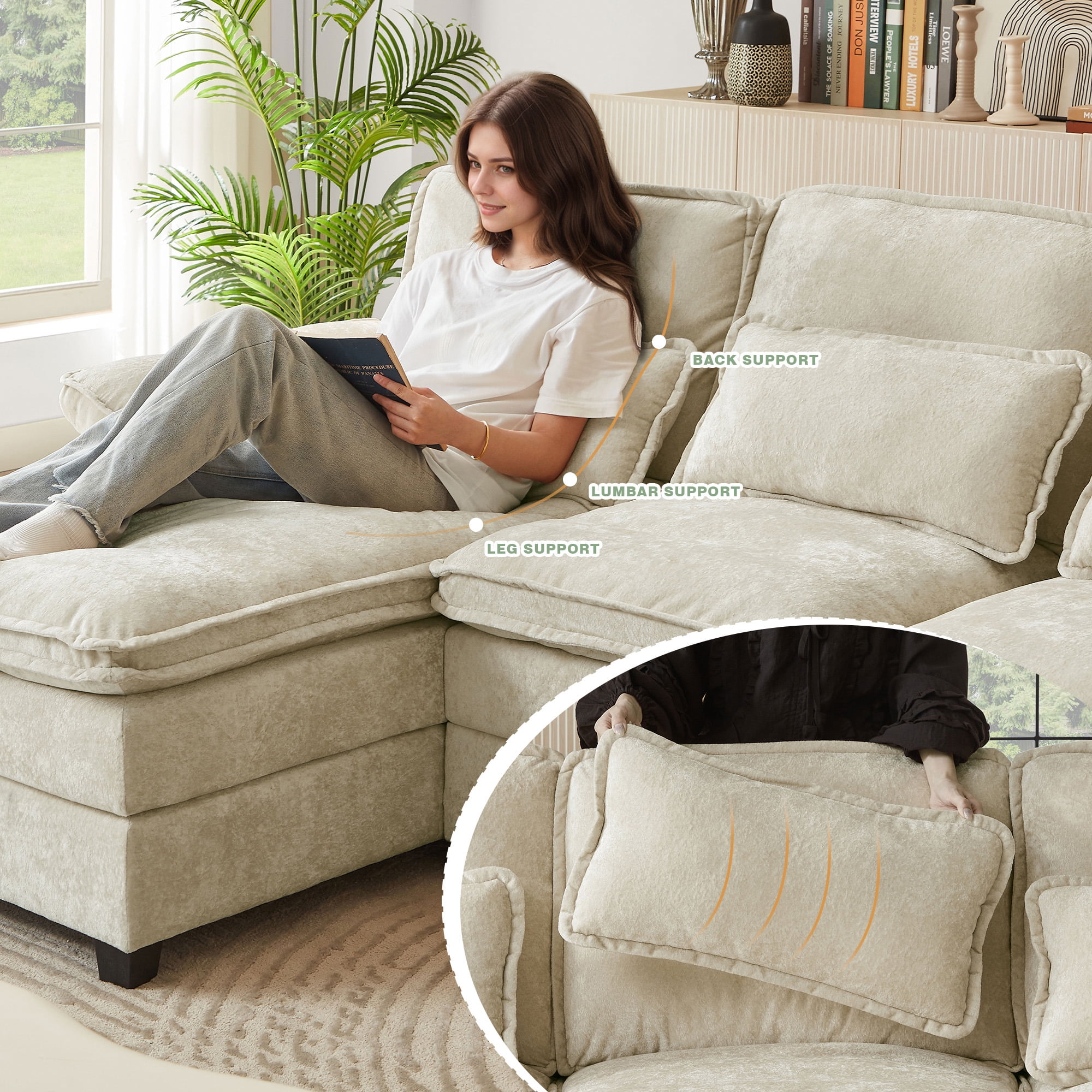 Soscana 113" Sectional Sofa Oversized U Shaped Couch with Double Chaise,Cloud Couch with 4 Waist Pillows,Modern Linen Seating Furniture for Living Room Office Studio Apartment,Beige
