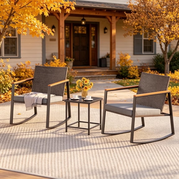 Gizoon 3-Piece Patio Furniture Set with Rocking Chairs, All-Weather PE Wicker Patio Chair Set with Tempered Glass Table & Wood Armrests for Balcony, Porch