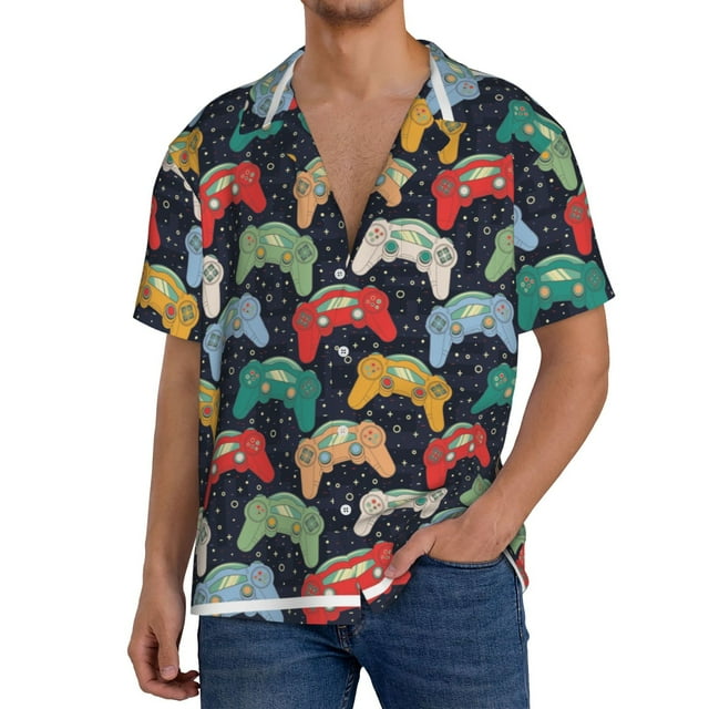 Honeii Retro Video Game for Men's Short-Sleeved Button-Up Collared Shirt Featuring A Pocket, Perfect for Beach Vacations, And Travel Adventures-Large