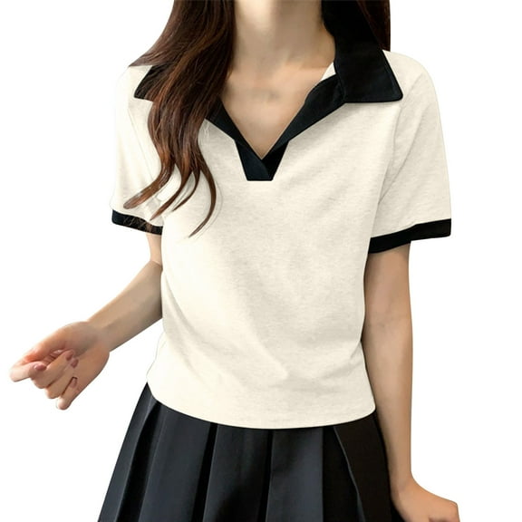Women's V Neck Collared Tops Colorblock Casual Trendy Tshirts Blouses Loose Fit Short Sleeve Summer Clothes (XL, White)