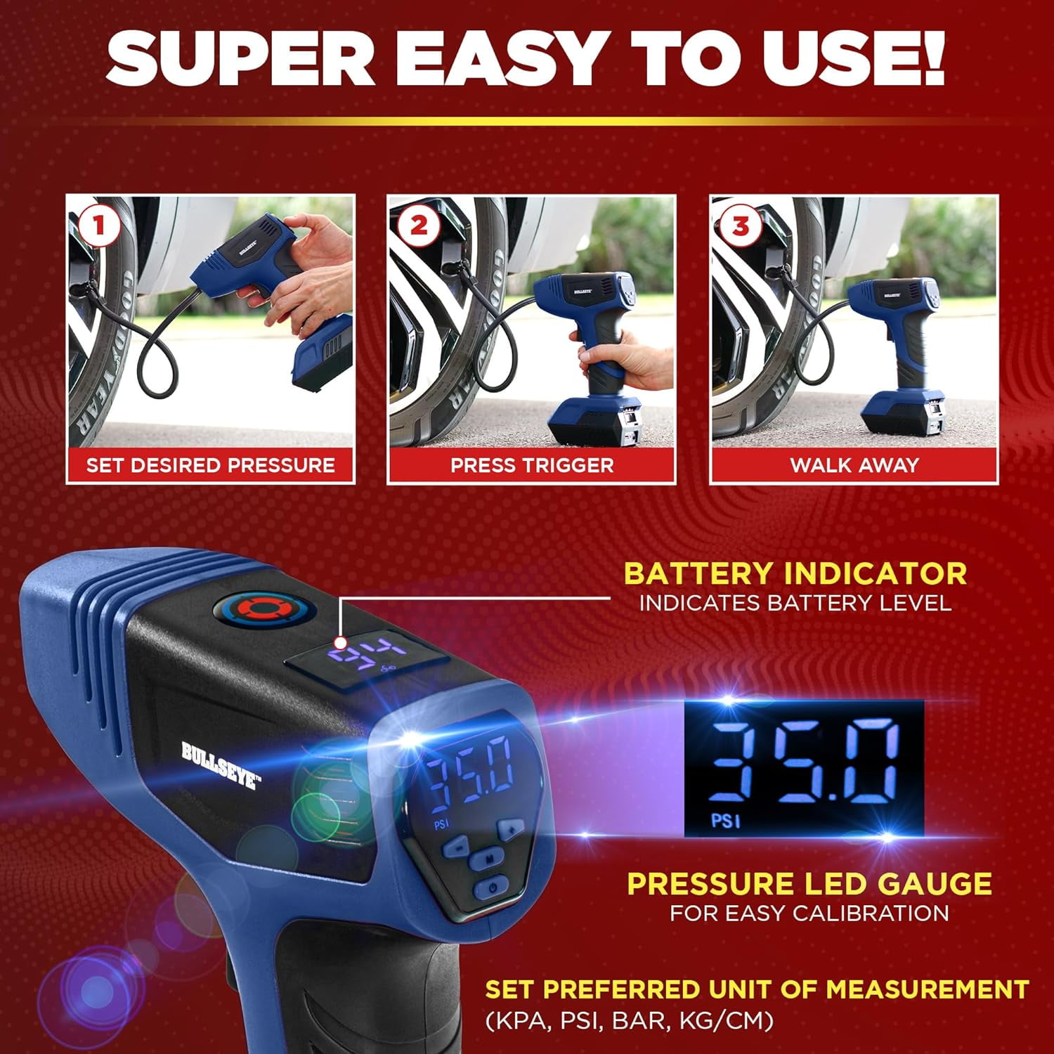 Bullseye 12V Portable Pressure Gauge Tire inflator Pump - Blue