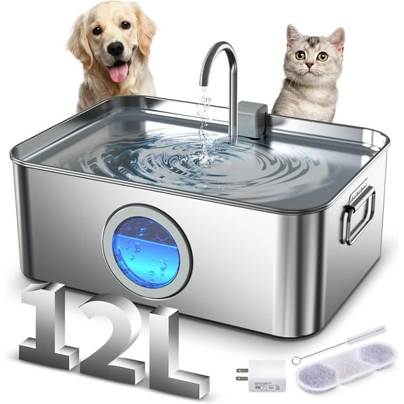 Dog Water Fountain Stainless Steel 12L/410oz/3.2Gal, DYSJ01 Ultra Quiet Pet Water Fountain for Large Dogs Cats & Multi-Pet Home with Water Level Window & LED Indicator