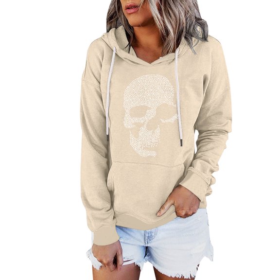 Likimi Halloween Womens Hoodies Long Sleeve Hallowmas Skull Print Hooded Sweatshirt For Women Loose Fit Fashion Casual Pullover Tops Size 2Xl
