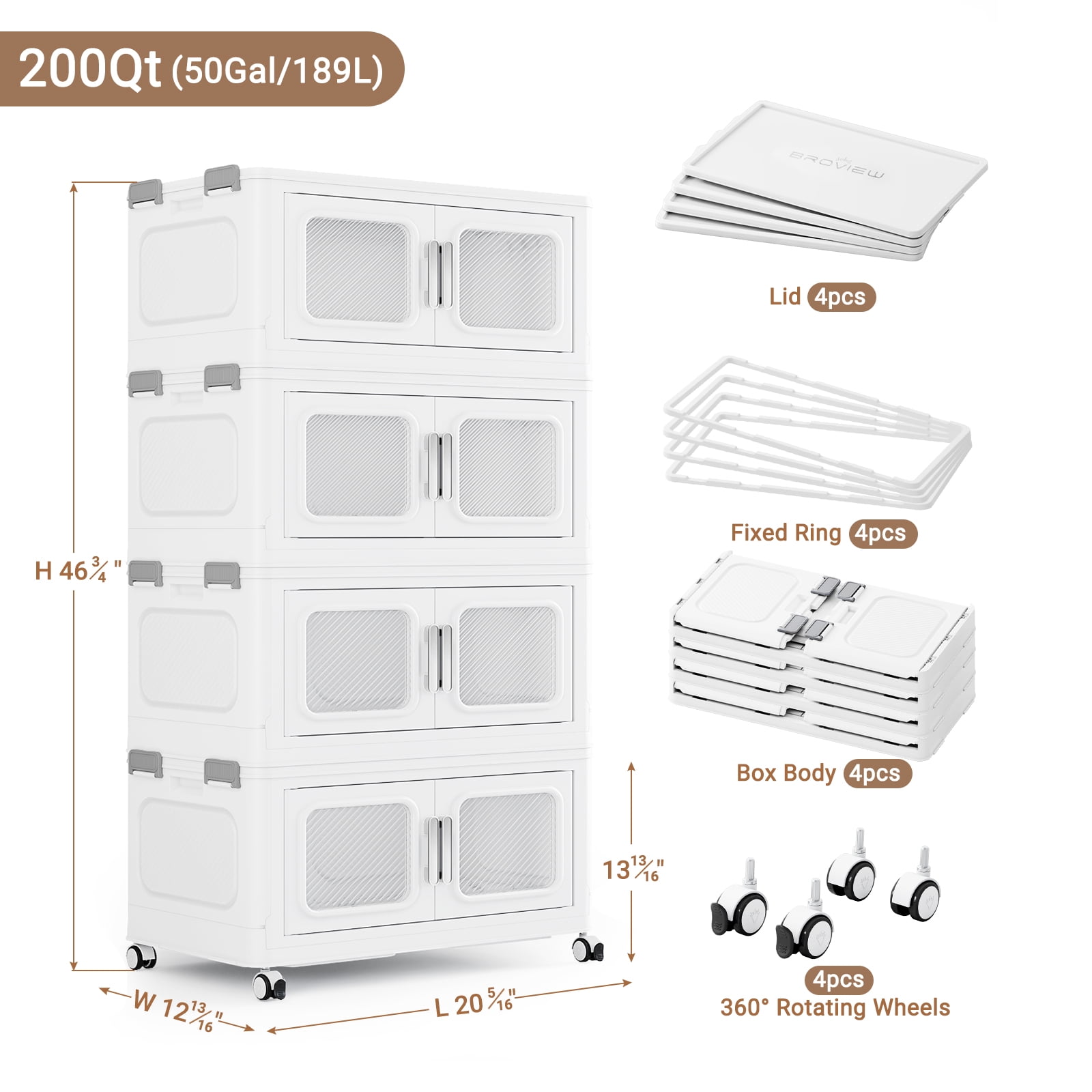 BROVIEW 50Gal Extra Large Storage Bins with Lid, 200Qt Plastic Stackable Storage Bins with Wheels, Collapsible Closet Organizer and Storage Drawers, Storage Cabinets for Home, Office, 4 Pack, White