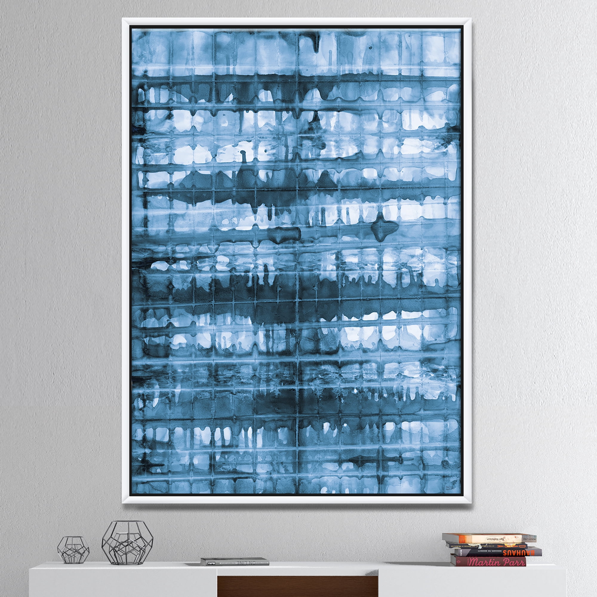 Designart ' Indigo watercolor geometrical V ' Contemporary Framed Canvas